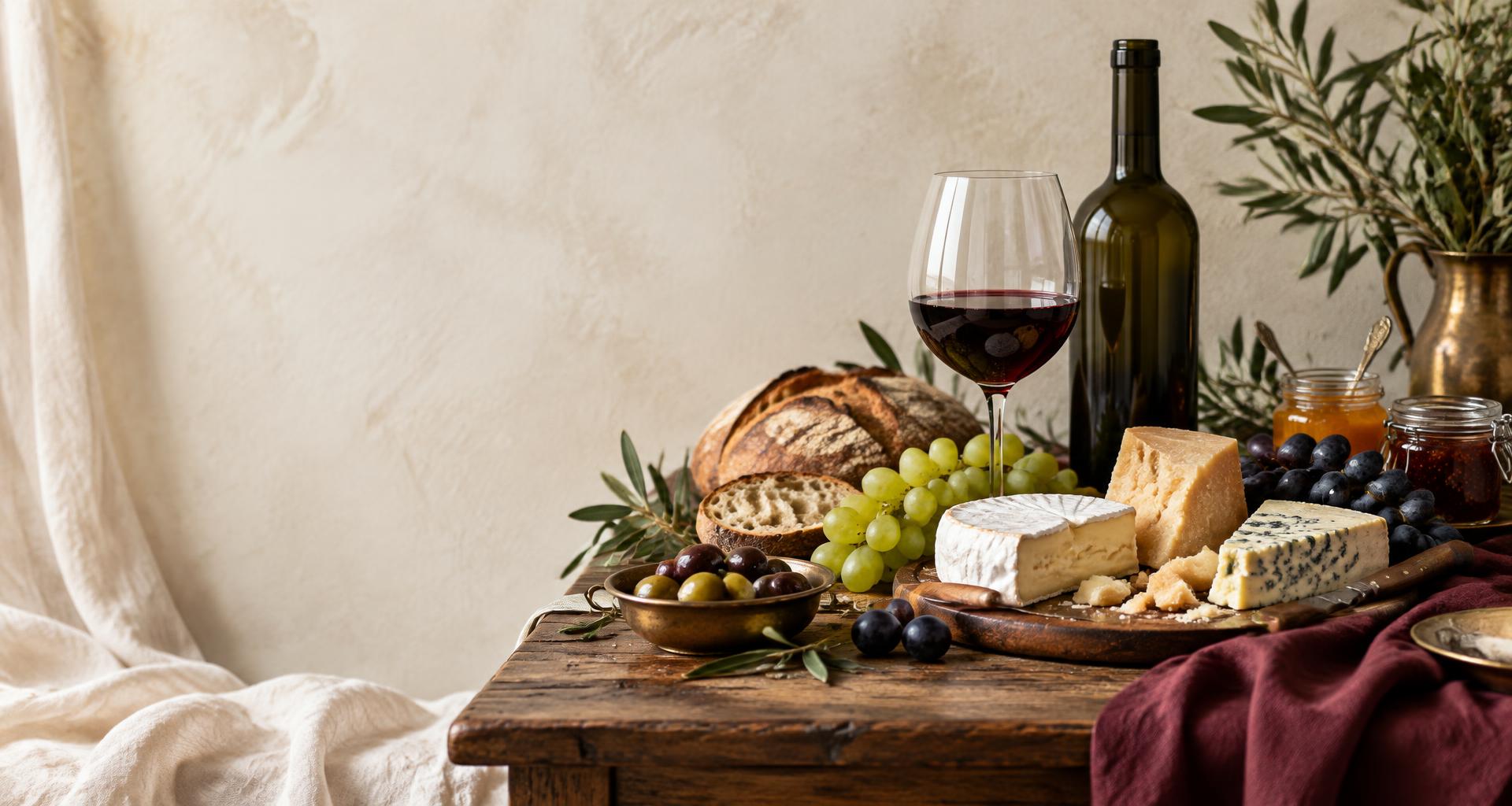 Vinhos, queijos artesanais, uvas e pães em uma composição gastronômica